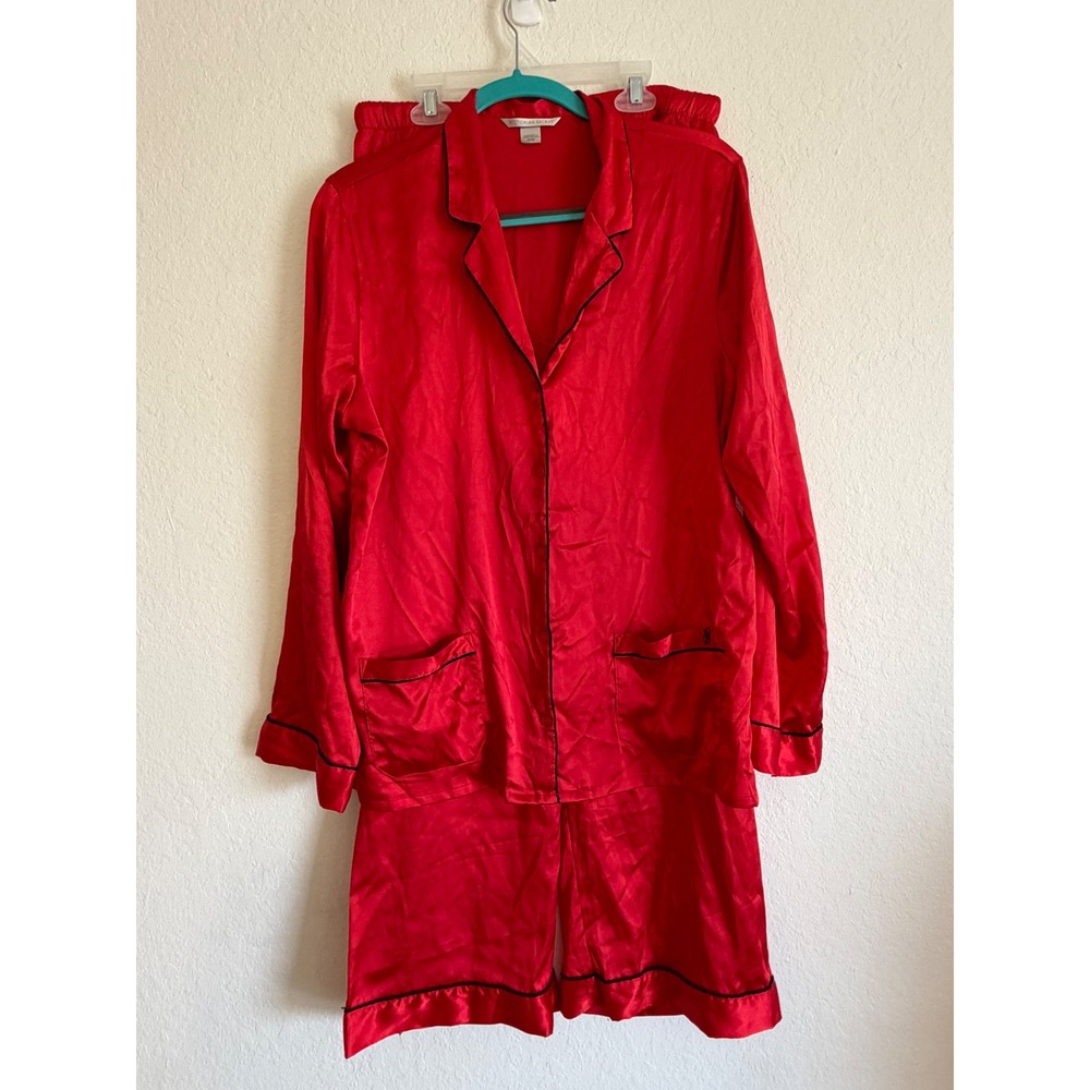 Victorias Secret Red Satin Pajama Set Long Sleeve Button Up Pants M 241736-108